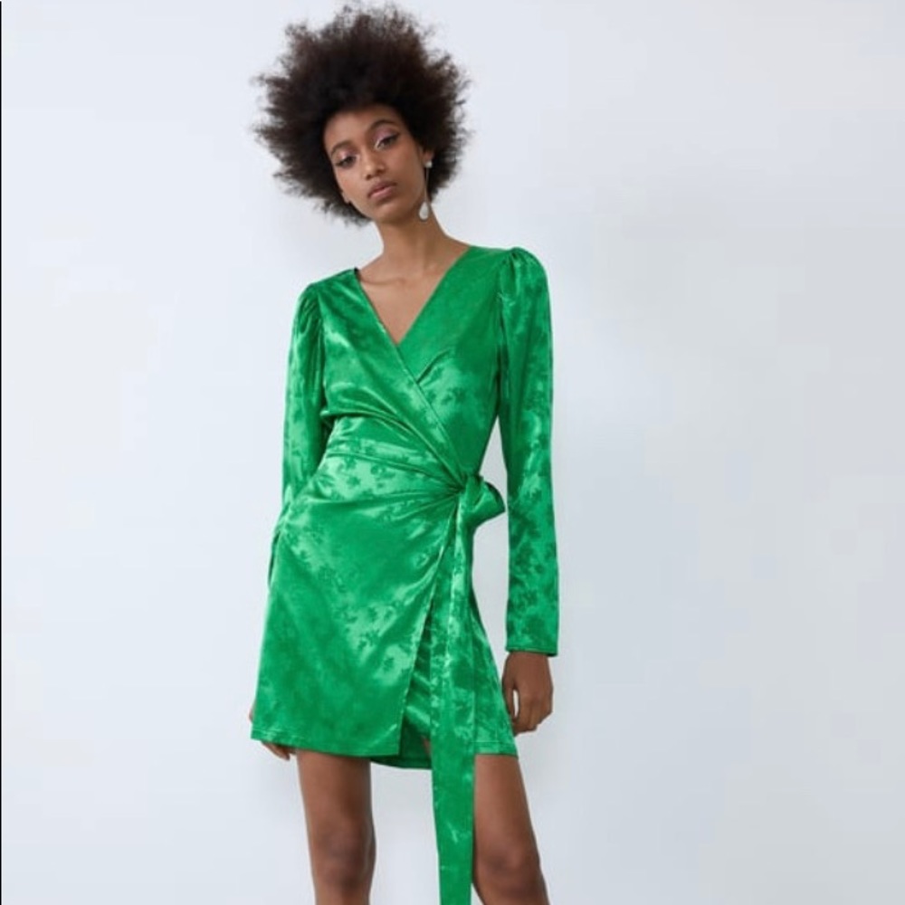 NWT Zara green satin wrap dress